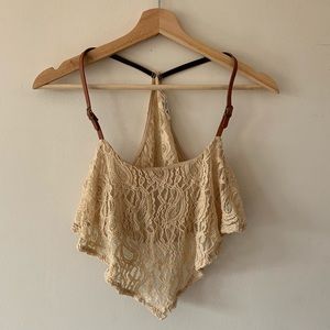 Beige Lace Crop Top with Leather Straps